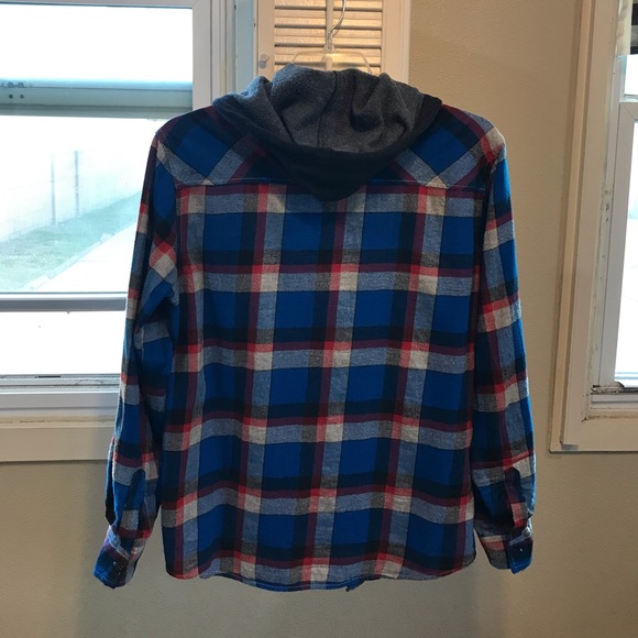 Union Bay Men’s Flannel Hoodie In Blue Red Black Plaid Size Large NEW - Picture 3 of 3